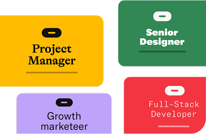 Four colorful job post cards labeled Project Manager, Senior Designer, Growth Marketeer, and Full-Stack Developer on a transparent background