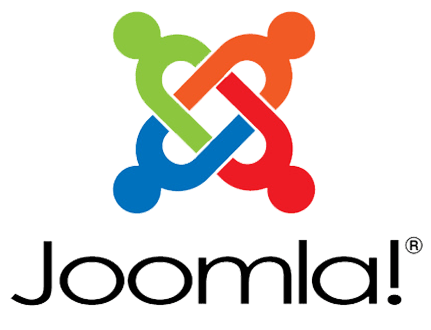 Joomla Joomla logo featuring interlocking shapes in green, orange, blue, and red above the word "Joomla!" on a transparent background