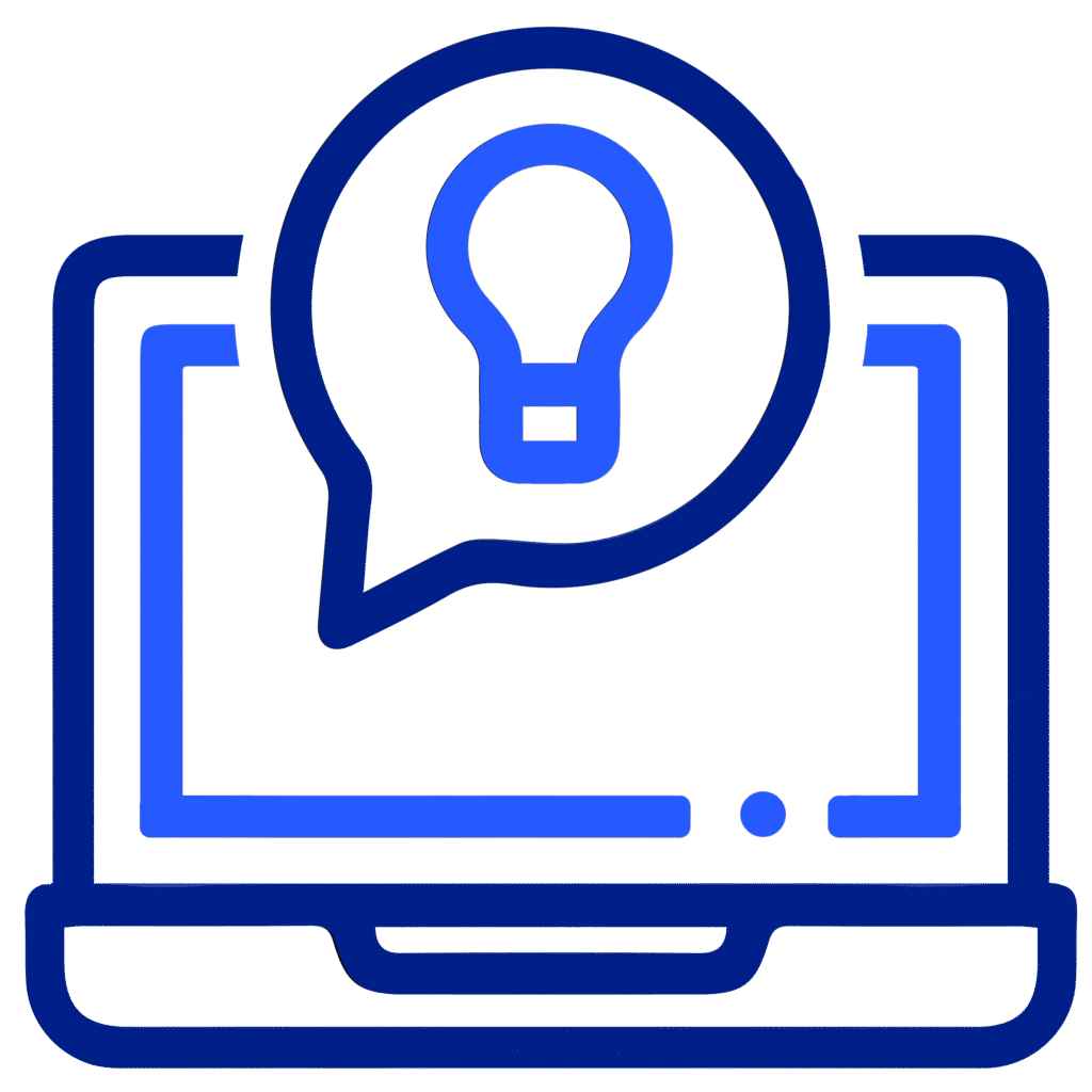 Blue outline icon of a laptop with a speech bubble containing a lightbulb, symbolizing comprehensive digital solutions