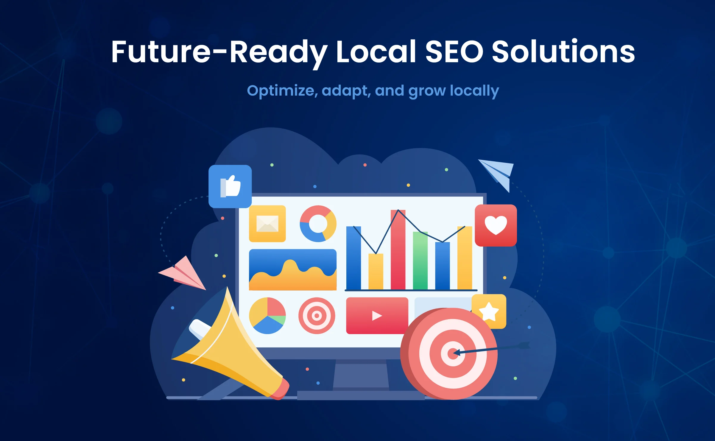 Illustration of a computer screen displaying charts, analytics, and social media icons, with a megaphone and digital elements, representing future-ready local SEO solutions for optimizing and growing local businesses.