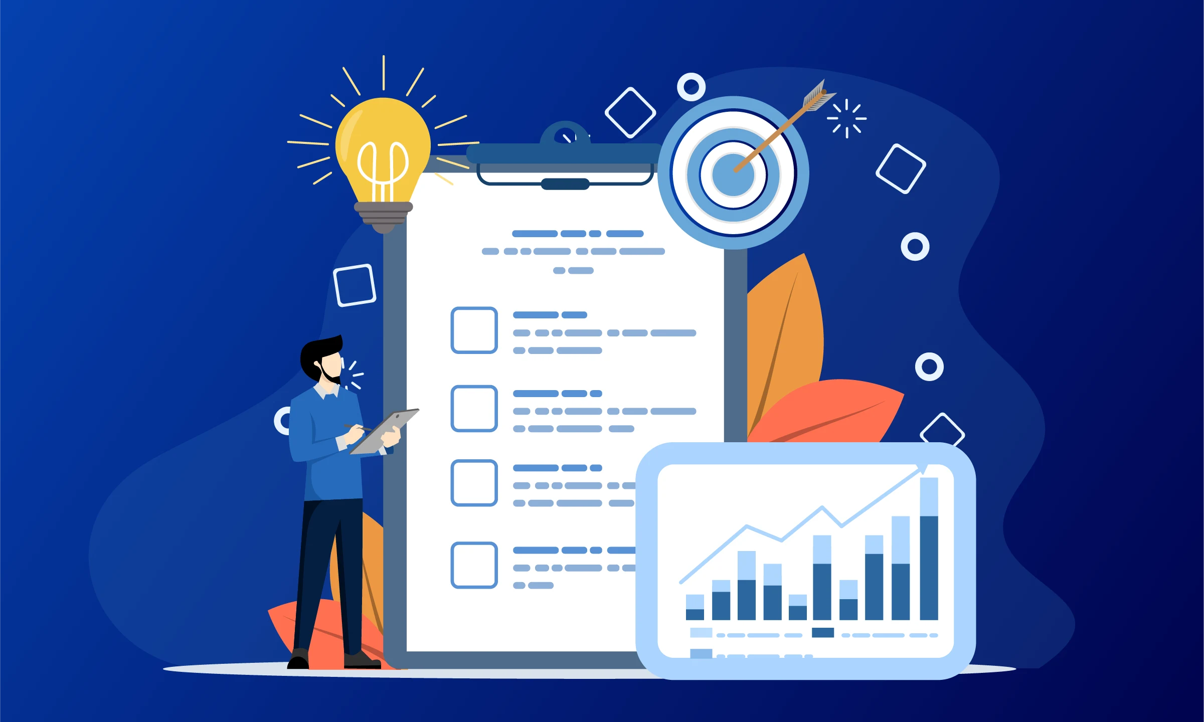 Illustration of a business professional analyzing a checklist on a large clipboard with a growth chart, lightbulb, and target icon, symbolizing custom strategies for business success.