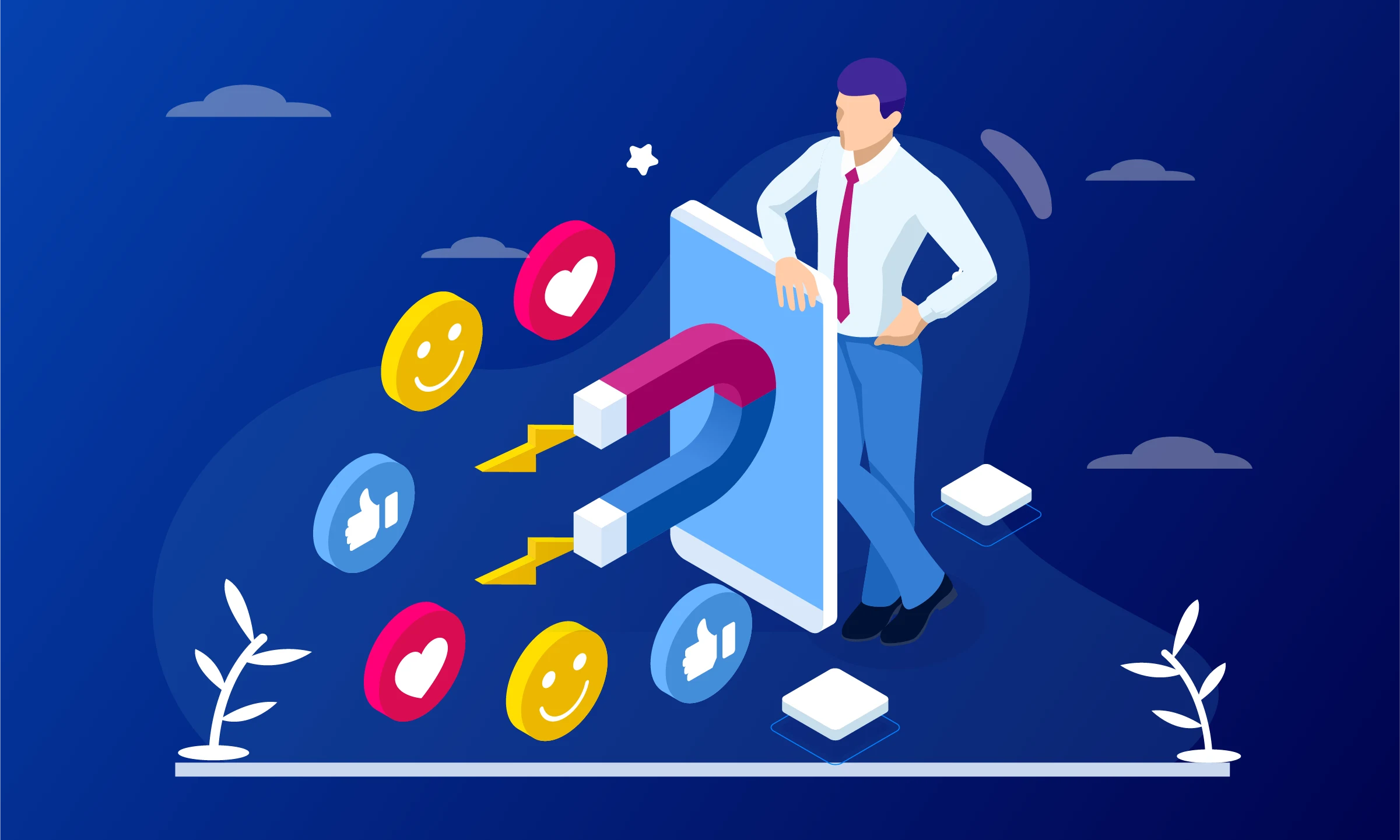 Illustration of a business professional using a large magnet to attract social media icons such as likes, hearts, and smiley faces, symbolizing effective Facebook ads and engagement.