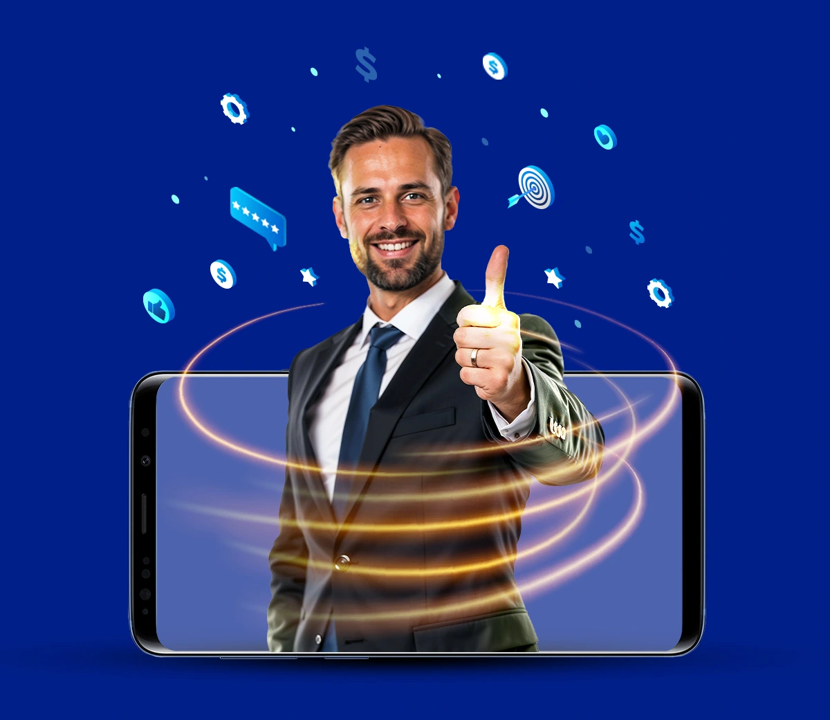 Business professional giving a thumbs up emerging from a smartphone, surrounded by digital icons representing online success.