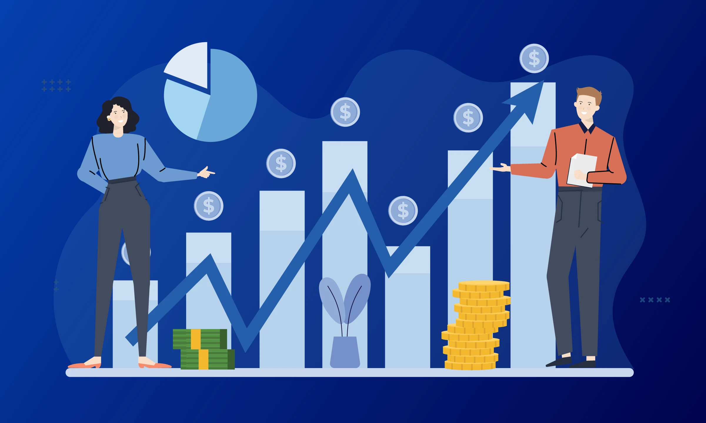 Illustration of two business professionals analyzing a bar chart with upward trends, dollar signs, coins, and a pie chart, representing increased sales and revenue growth.