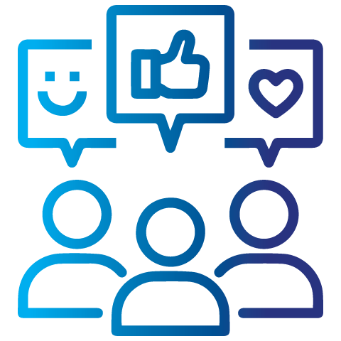 Outline icon of three people with speech bubbles showing a smiley face, thumbs up, and heart, representing positive feedback, expertise, and customer satisfaction.