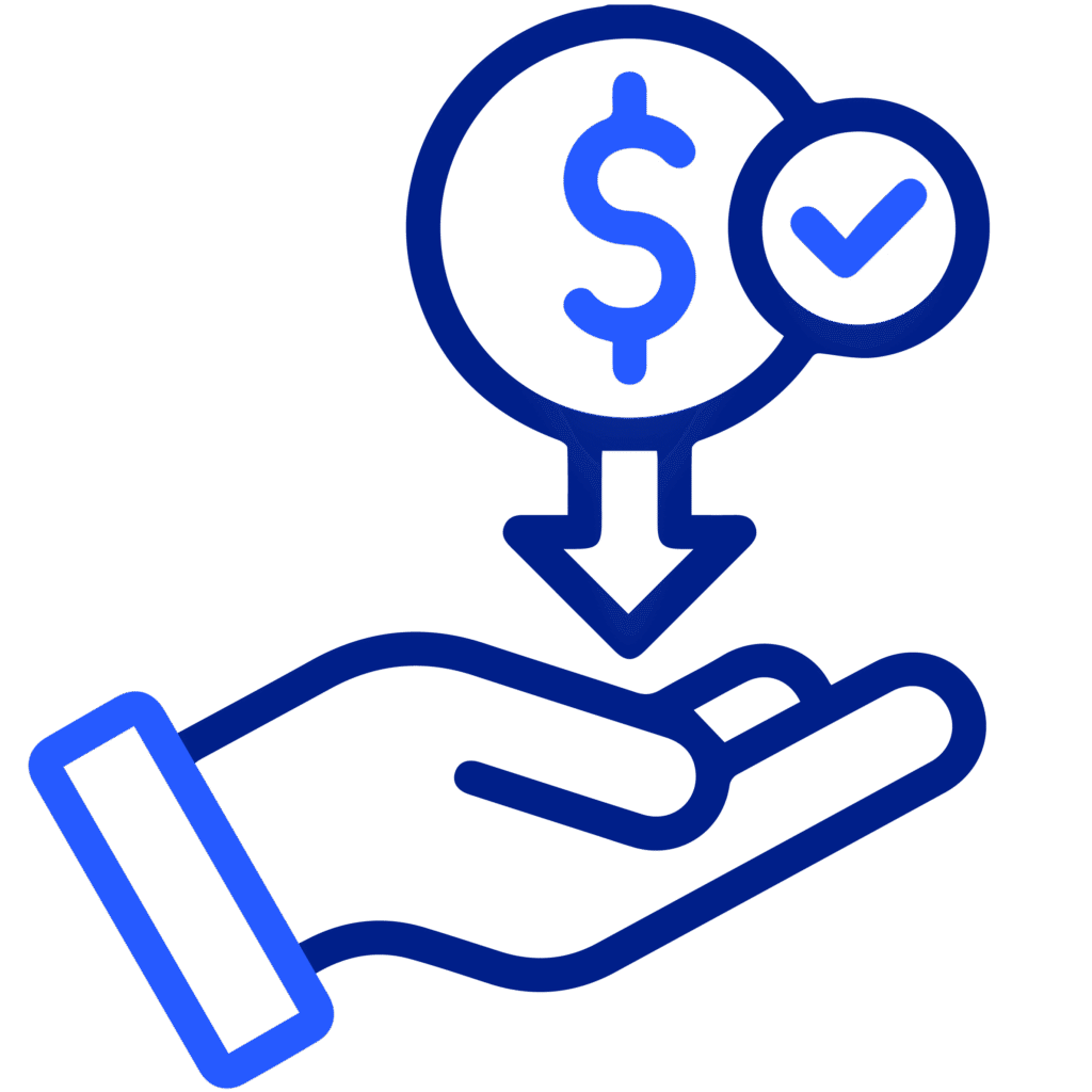 Blue outline icon of a hand receiving a dollar sign with a check mark, symbolizing flexible and affordable pricing