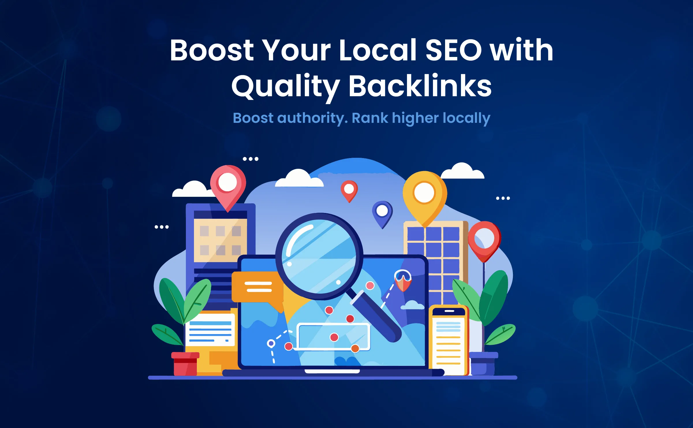 Illustration of a computer screen with a map, location pins, magnifying glass, and buildings, representing local link building for SEO authority