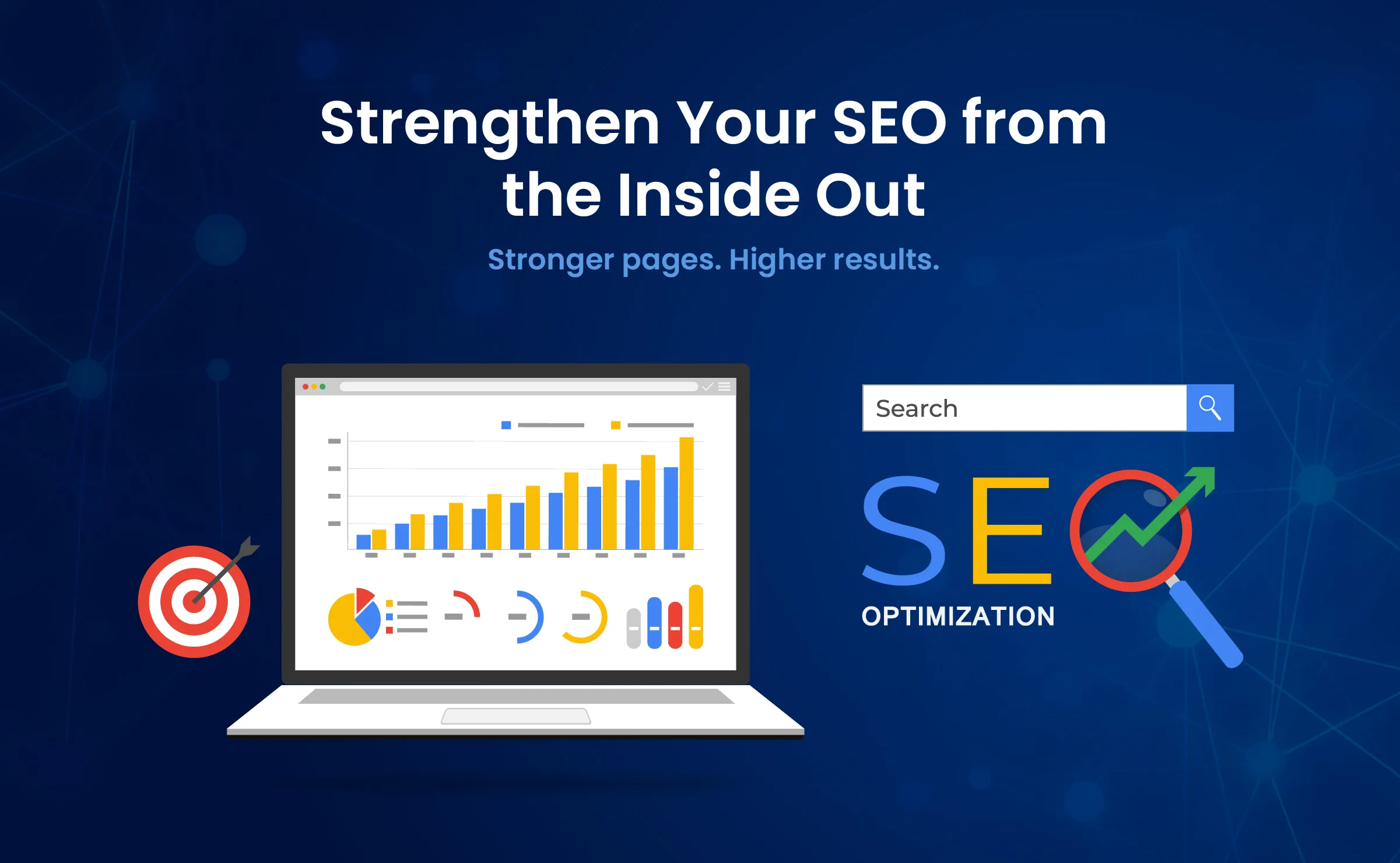Illustration of a laptop displaying charts and graphs, alongside SEO optimization icons and a target symbol, representing strategies to strengthen on-page SEO for better search results.