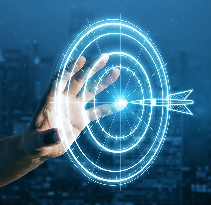 About Us 8 A hand reaching towards a glowing digital target with an arrow hitting the bullseye, symbolizing focus, achievement, and mission success.