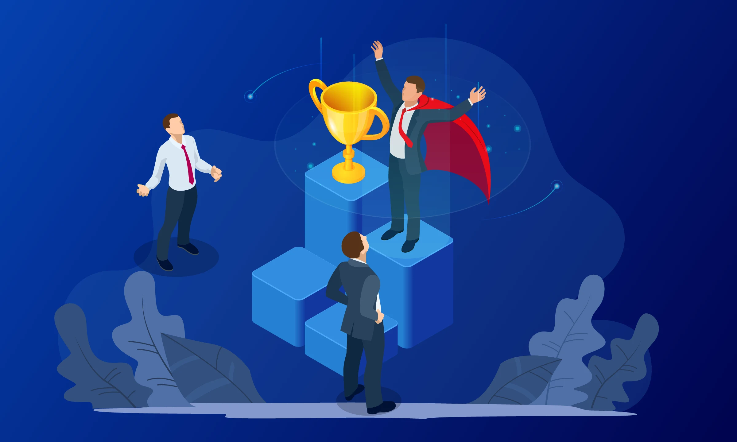 Illustration of business professionals on podium blocks, with one person wearing a cape and holding a trophy, symbolizing outperforming competitors in business.