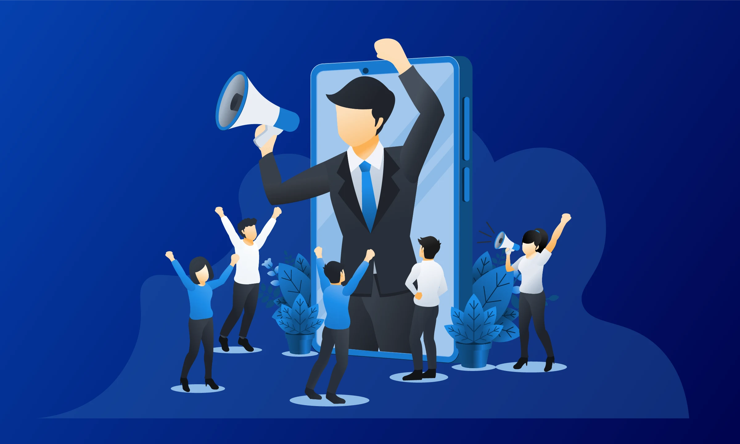 Illustration of a businessperson emerging from a smartphone with a megaphone, reaching out to a group of people, symbolizing digital strategies to re-engage lost customers through targeted communication.