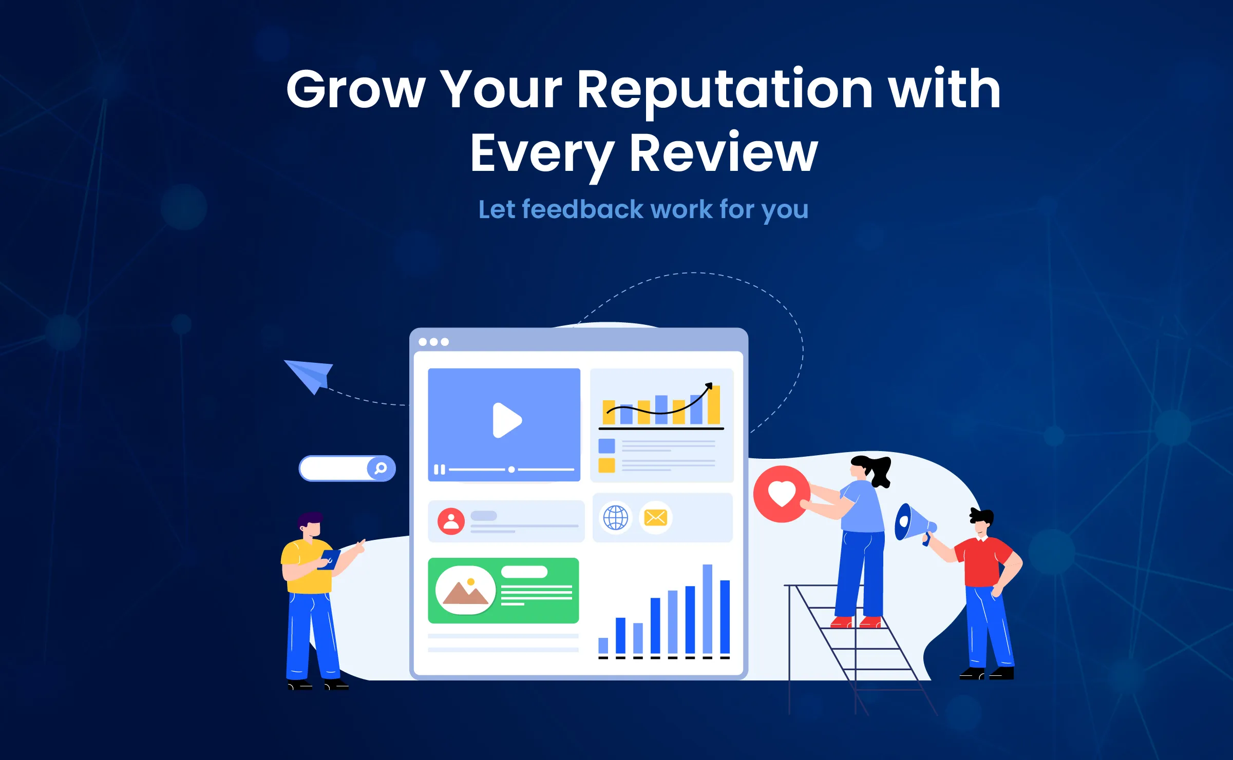 Illustration of people interacting with a large digital review dashboard displaying charts, ratings, and feedback icons, representing effective review management for building business reputation.