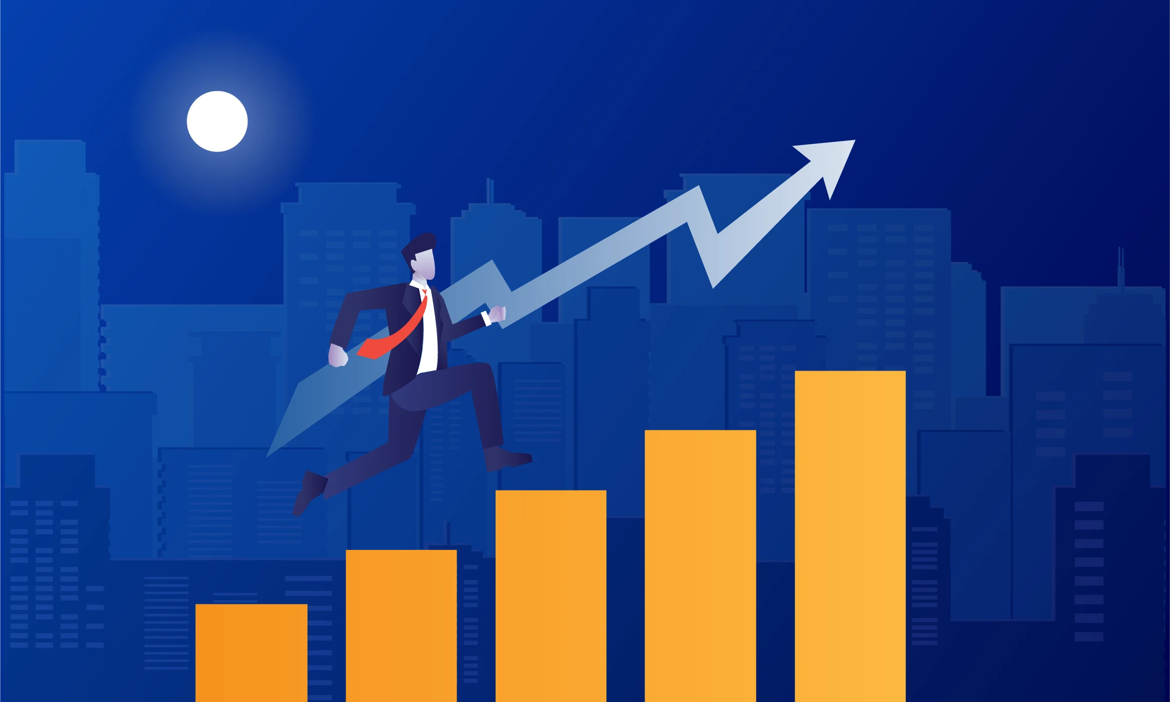 Illustration of a business professional climbing upward on a bar chart with an arrow, representing growth, efficiency, and time-saving strategies for business success.