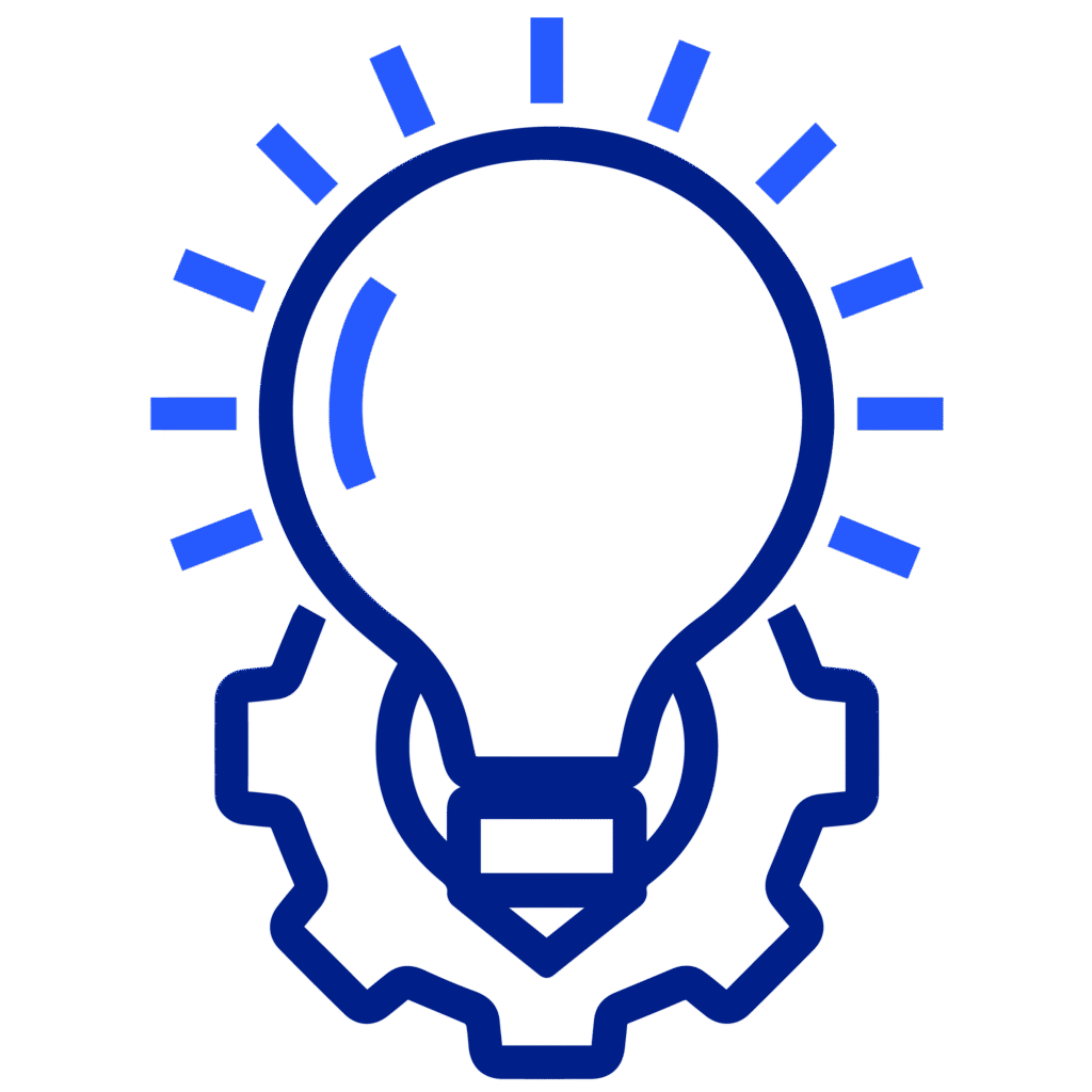 Blue outline of a lightbulb with gear elements, symbolizing innovative and effective solutions