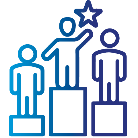Outline icon of three people standing on podiums, with the center person reaching for a star, symbolizing leadership, achievement, and staying ahead of competitors.