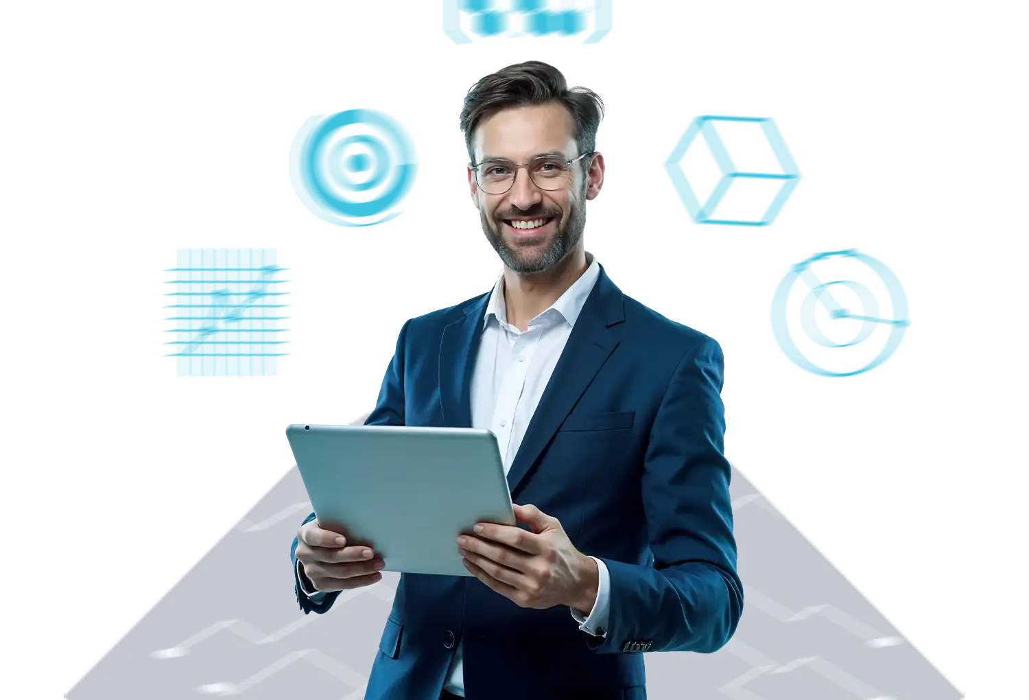 Business professional in a suit holding a digital tablet, surrounded by floating digital marketing icons and graphics.