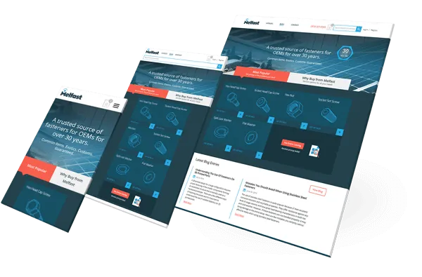 Responsive website design for Melfast, showcasing industrial fastener solutions for OEMs.