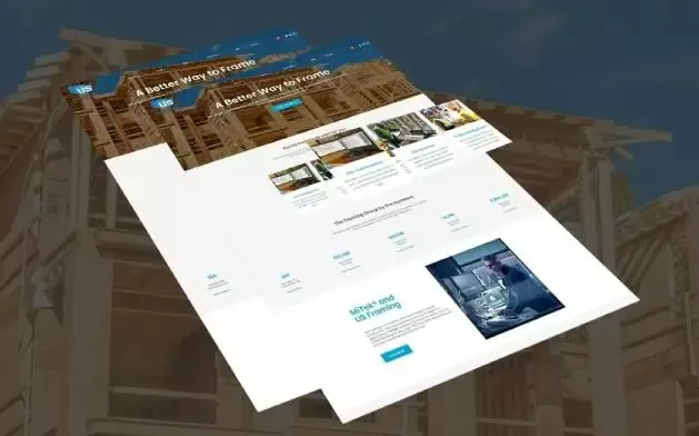 Website showcase for US framing solutions, featuring a layered web design over a construction background.