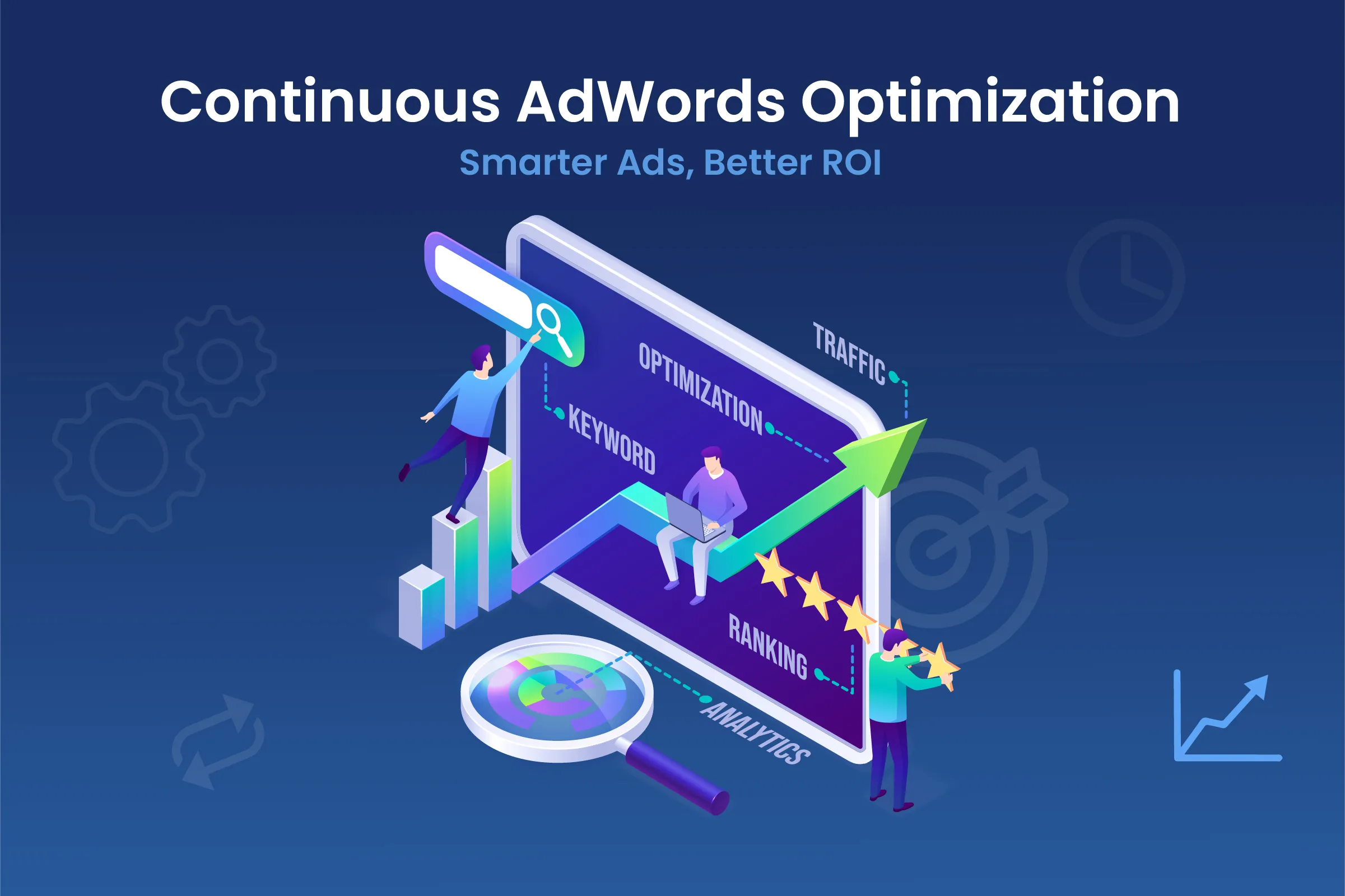 Illustration of three people analyzing and optimizing Google AdWords campaigns with charts, graphs, and keywords on a large digital screen, representing smarter ads and improved ROI.