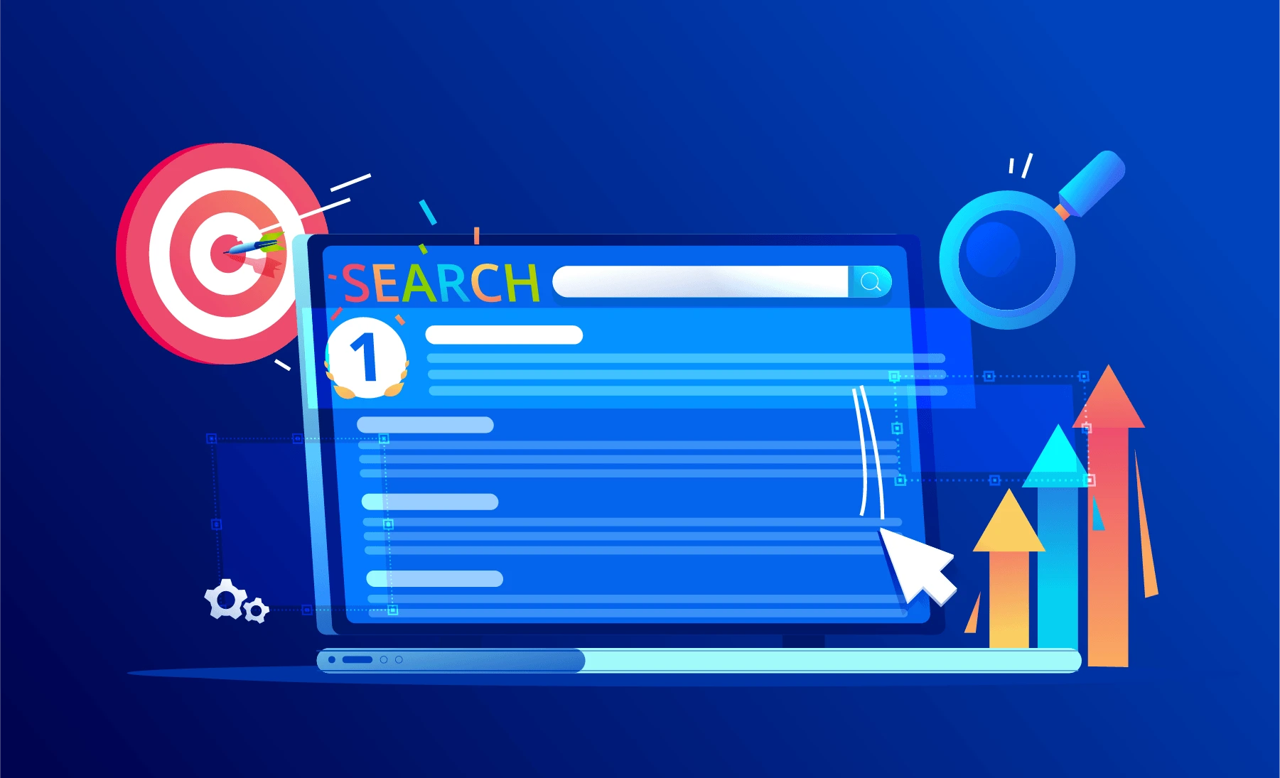 Social media marketing 4 An illustration of a laptop screen displaying a search results page, with a large cursor, colorful upward arrows, and a target symbol, representing improved search engine rankings and online visibility.