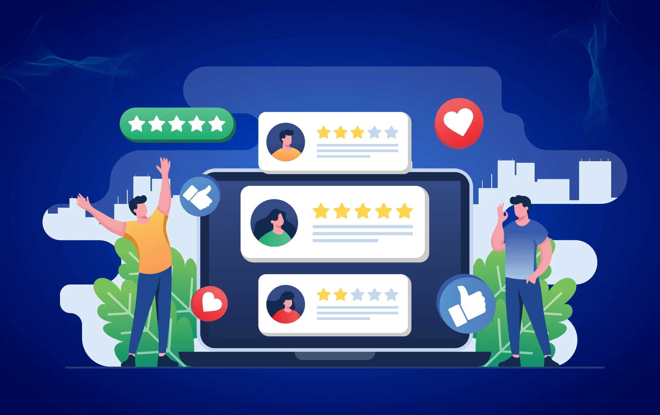 Illustration of people celebrating positive online reviews and star ratings on a large digital tablet, with thumbs-up and heart icons symbolizing customer trust and satisfaction