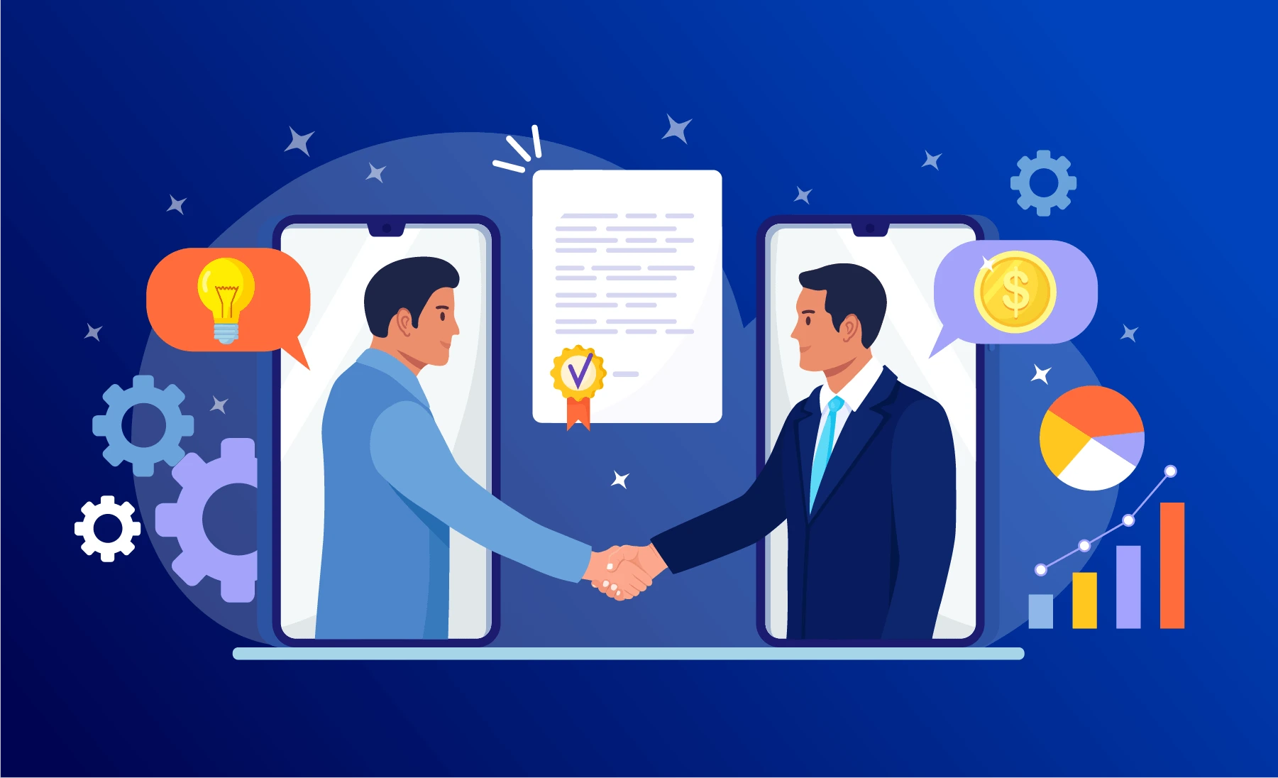 Social media marketing 8 An illustration of two business professionals shaking hands through large smartphone screens, surrounded by icons of gears, a lightbulb, currency symbols, and growth charts, representing the concept of building stronger business relationships through digital communication.