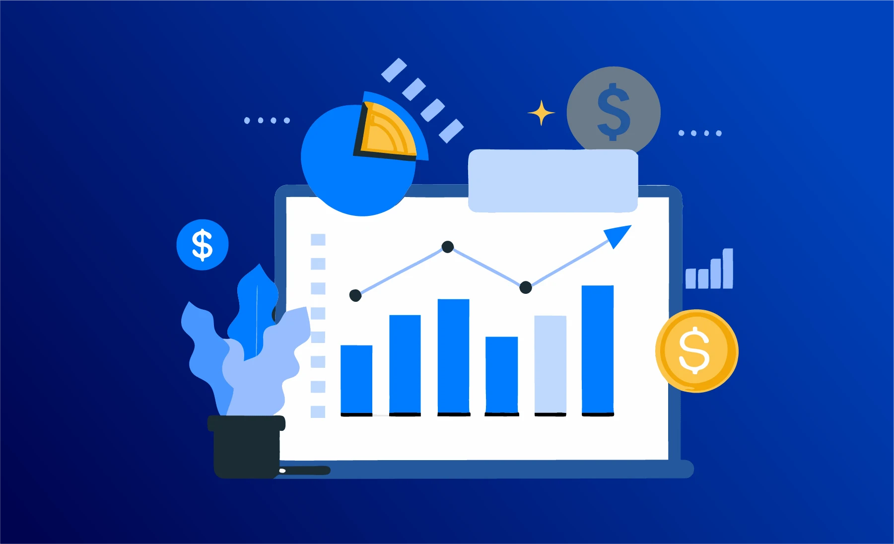 Social media marketing 10 A digital illustration showing a tablet screen with a bar and line graph, surrounded by financial icons such as dollar signs, coins, and a pie chart, representing cost-effective strategies and high return on investment (ROI).