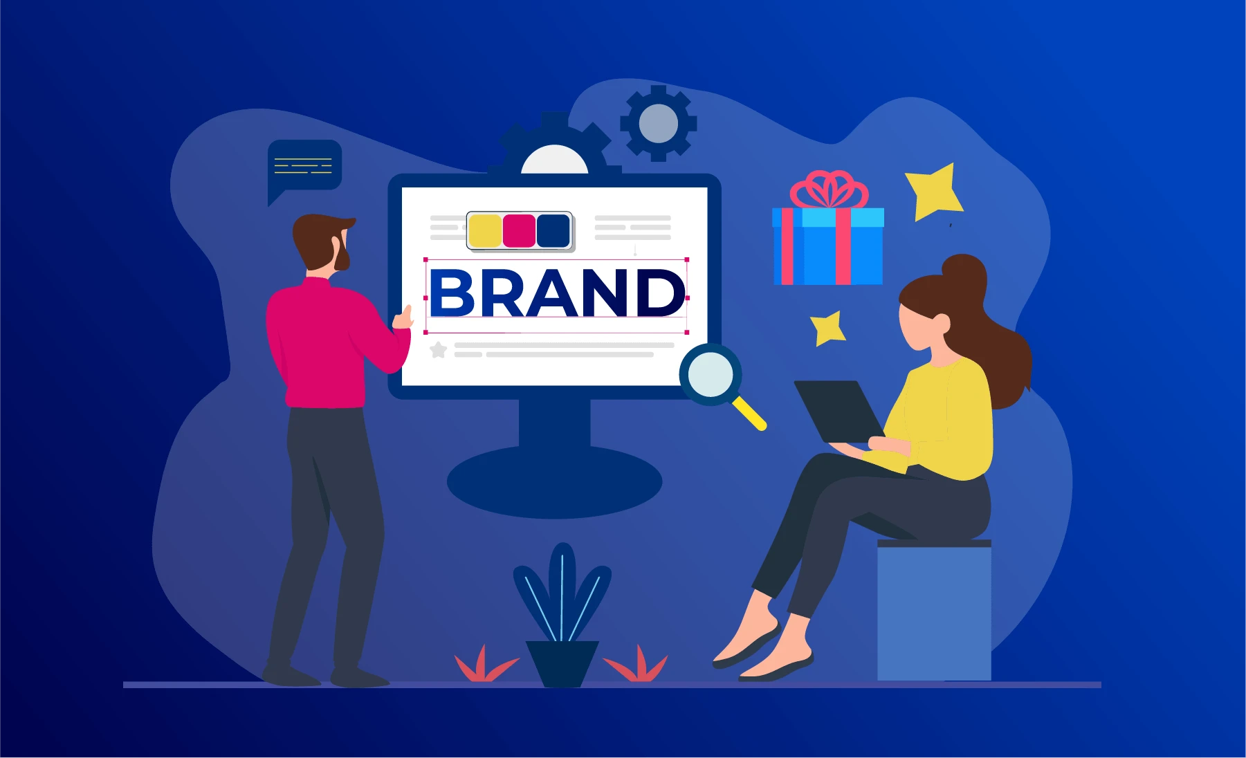 Social media marketing 7 An illustration showing a man standing beside a large computer monitor displaying the word "BRAND" and a woman sitting with a laptop, surrounded by icons of gears, a gift box, and chat bubbles, representing brand management and online presence.