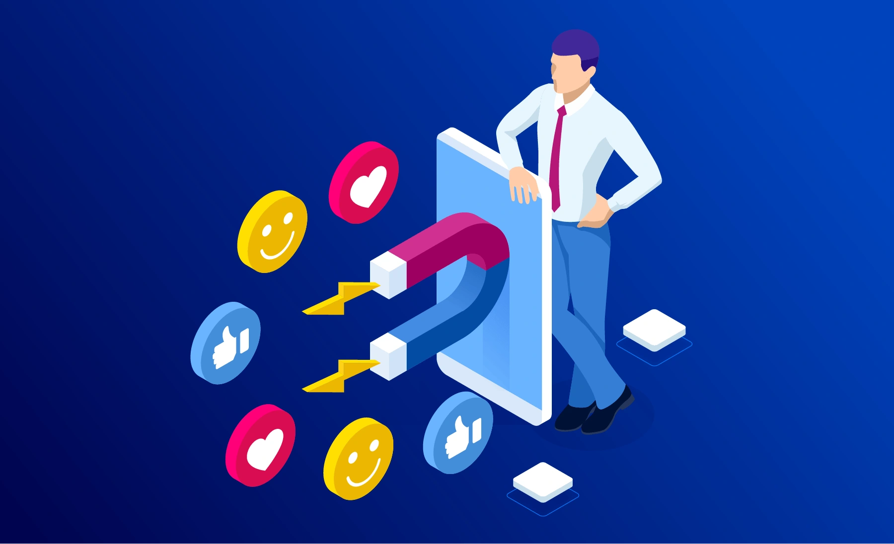 Social media marketing 6 An illustration of a business professional standing beside a large smartphone, with arrows and social media icons such as thumbs up, hearts, and smiley faces emerging from the screen, symbolizing customer engagement and growth.