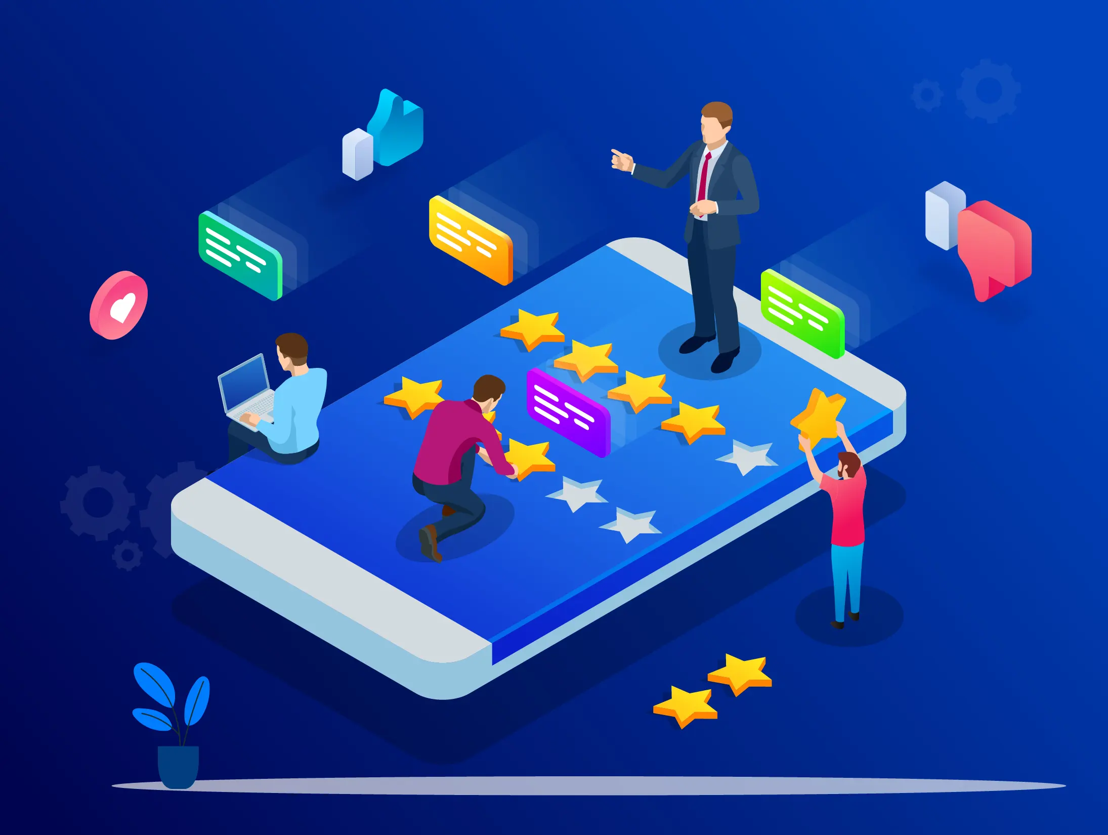 Illustration of people managing online business reviews on a giant smartphone, adding and organizing star ratings and feedback messages