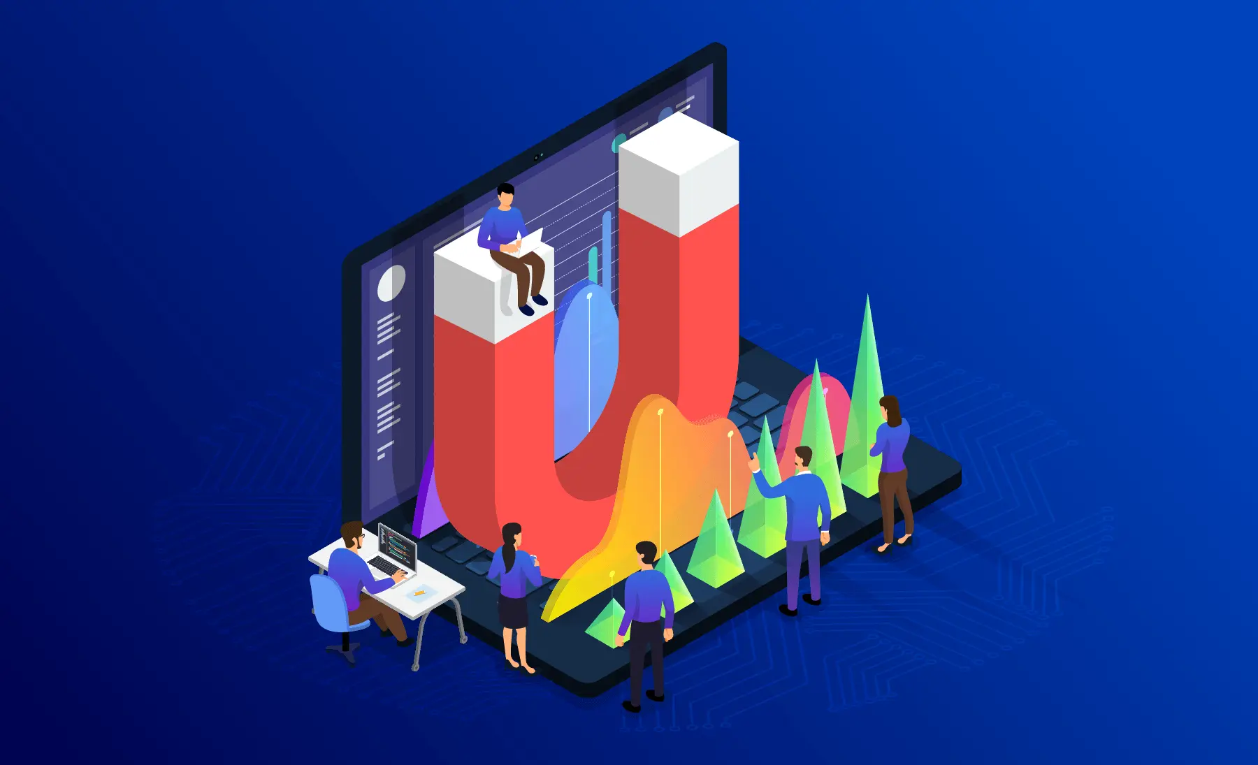 Social media marketing 3 An isometric illustration of people interacting with large data charts and a magnet on a digital screen, symbolizing increased online visibility attracting more users and business growth.