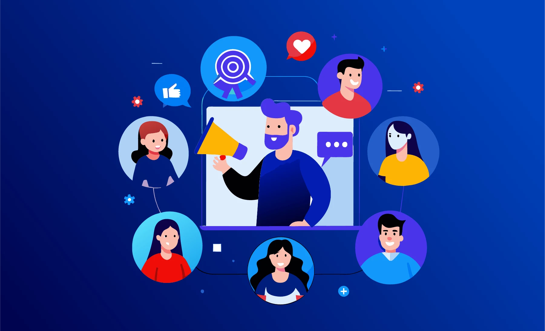 Social media marketing 5 An illustration of a person holding a megaphone, surrounded by diverse user profile icons and social media symbols like thumbs up and hearts, representing targeted outreach and audience engagement.