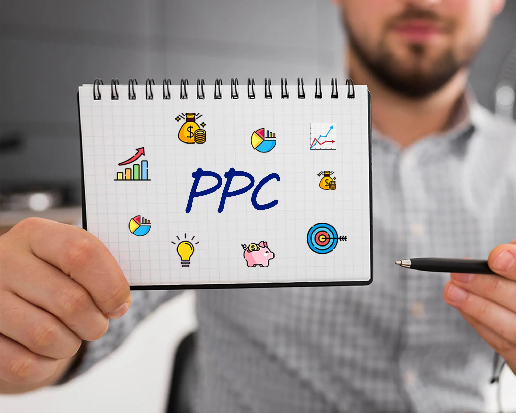 Man holding a notebook with “PPC” written on it, surrounded by icons of charts, money, light bulb, piggy bank, and target, representing pay-per-click advertising strategies.