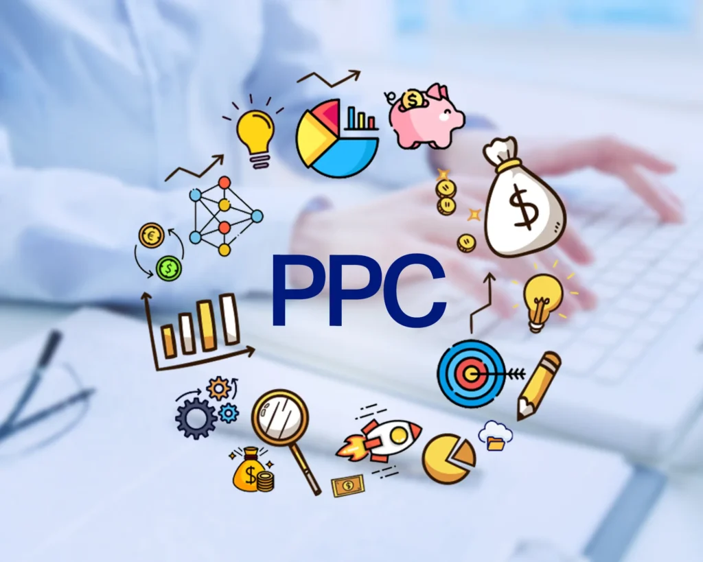 Hands typing on a laptop keyboard with “PPC” text surrounded by icons of charts, money, light bulb, piggy bank, and target, representing pay-per-click advertising strategies.