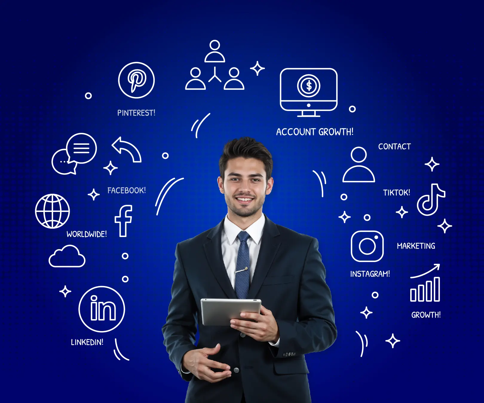 Social media marketing 11 A man in a business suit holds a tablet while standing in front of a blue background filled with social media icons and marketing-related graphics, including Pinterest, Facebook, LinkedIn, Instagram, TikTok, and various symbols for account growth, worldwide reach, contact, and marketing.