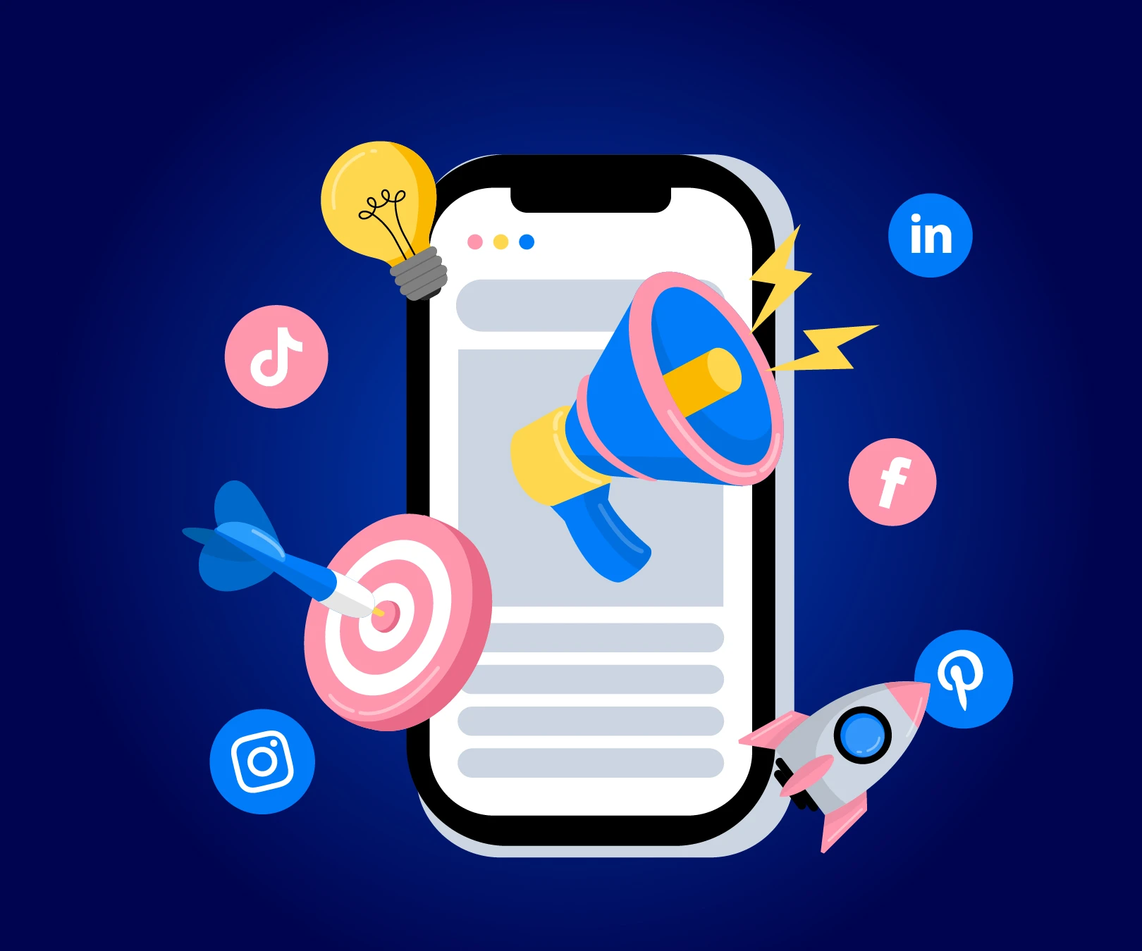 Social media marketing 12 Illustration of a smartphone surrounded by social media icons, a megaphone, lightbulb, dartboard, and rocket, representing effective social media marketing strategies.