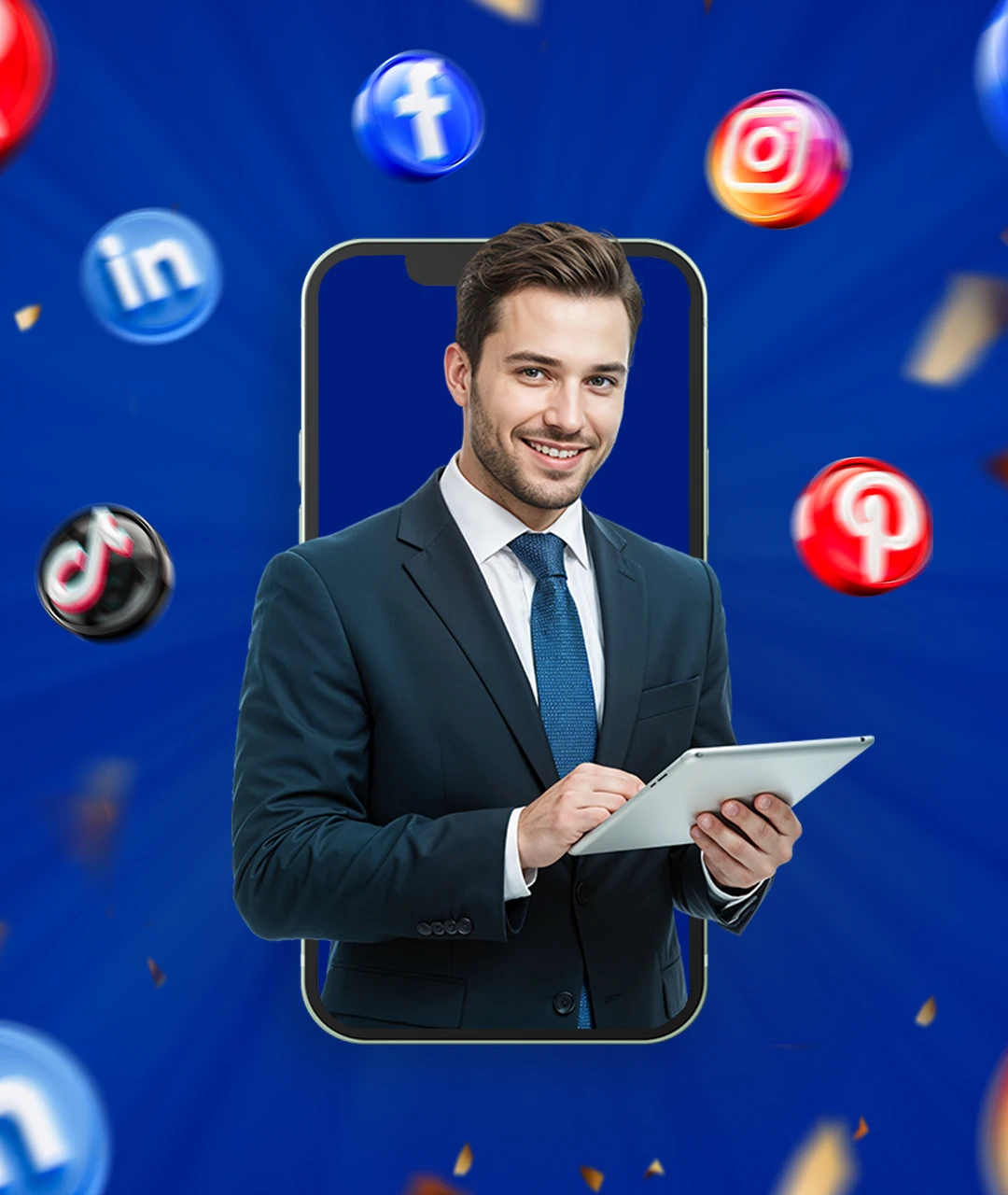 Social media marketing 1 A business professional in a suit using a tablet, standing in front of a large smartphone illustration with floating social media icons such as Facebook, LinkedIn, TikTok, and Pinterest on a blue background.