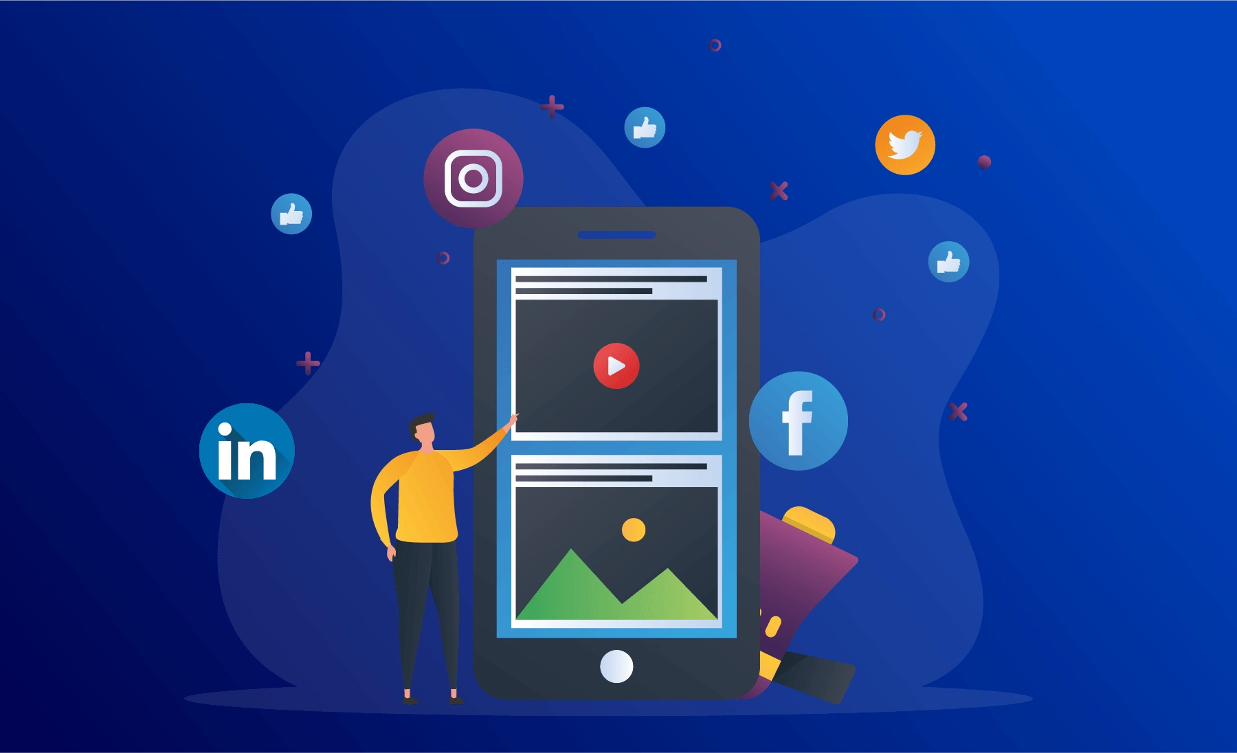 Social media marketing 9 A digital illustration of a person standing beside a large smartphone screen displaying social media content, surrounded by icons for Instagram, Twitter, LinkedIn, and Facebook, representing the concept of using multiple platforms for social media marketing.