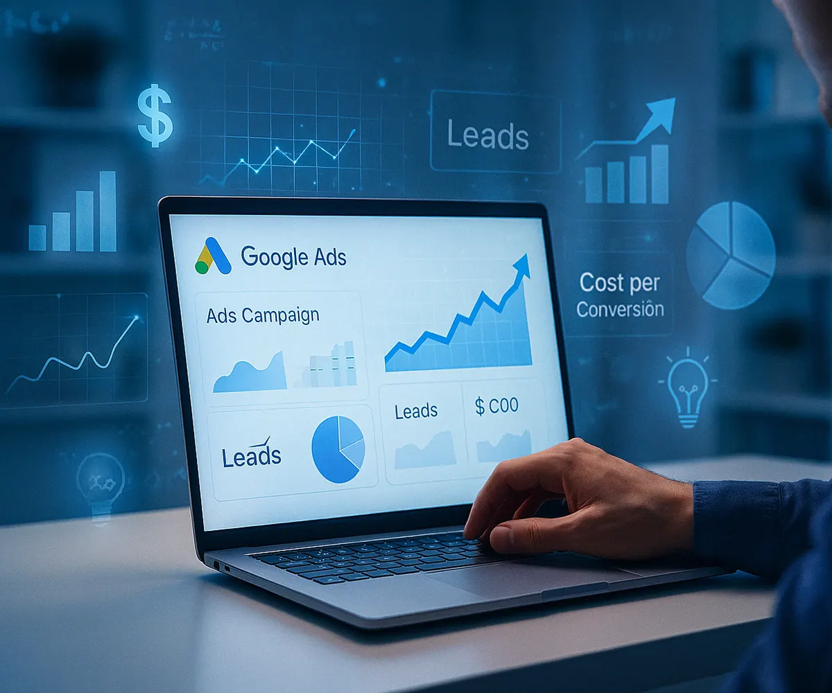 Person analyzing Google Ads campaign performance on a laptop, with charts showing leads, cost per conversion, and growth metrics, surrounded by digital icons and graphs.