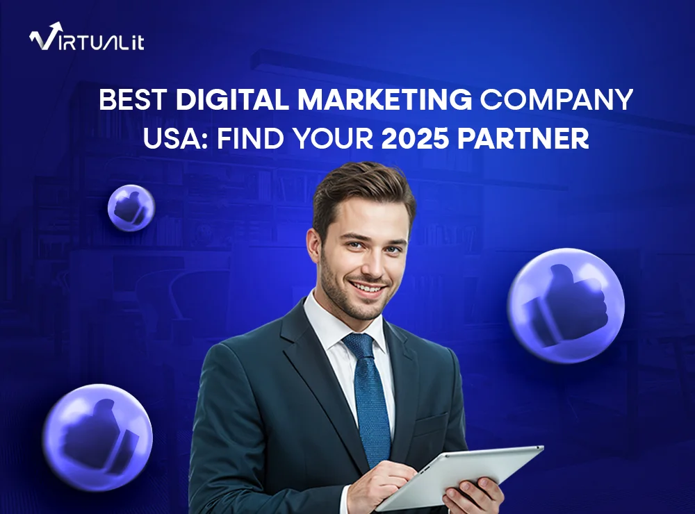 Blog 3 Business professional holding a tablet with digital marketing icons and text “Best Digital Marketing Company USA: Find Your 2025 Partner”