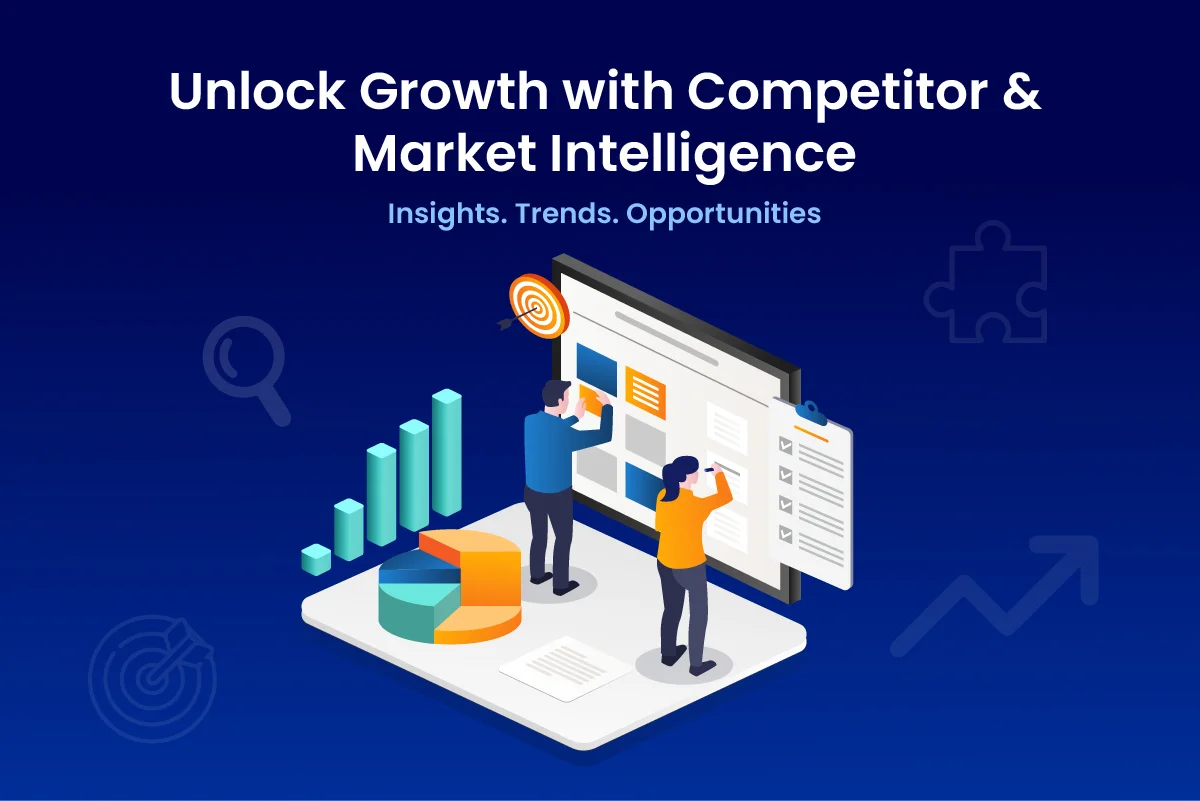 Illustration of two people analyzing competitor and market data on a large digital dashboard, with graphs, pie charts, and strategy icons, representing market intelligence and growth opportunities