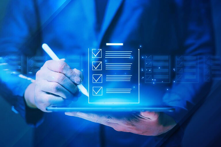 Business professional using a digital tablet with a glowing checklist, representing customized plans and transparent recommendations