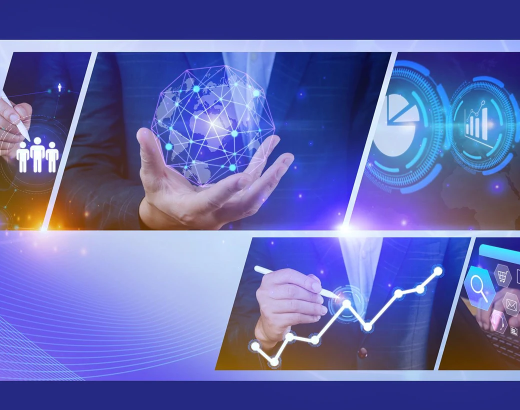 Business professional presenting digital graphics of data analytics, global networks, and growth charts, illustrating data-driven strategies.