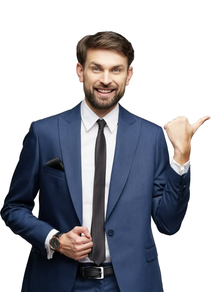 Business professional in a blue suit, white shirt, and black tie, confidently pointing upward, symbolizing business growth and success.