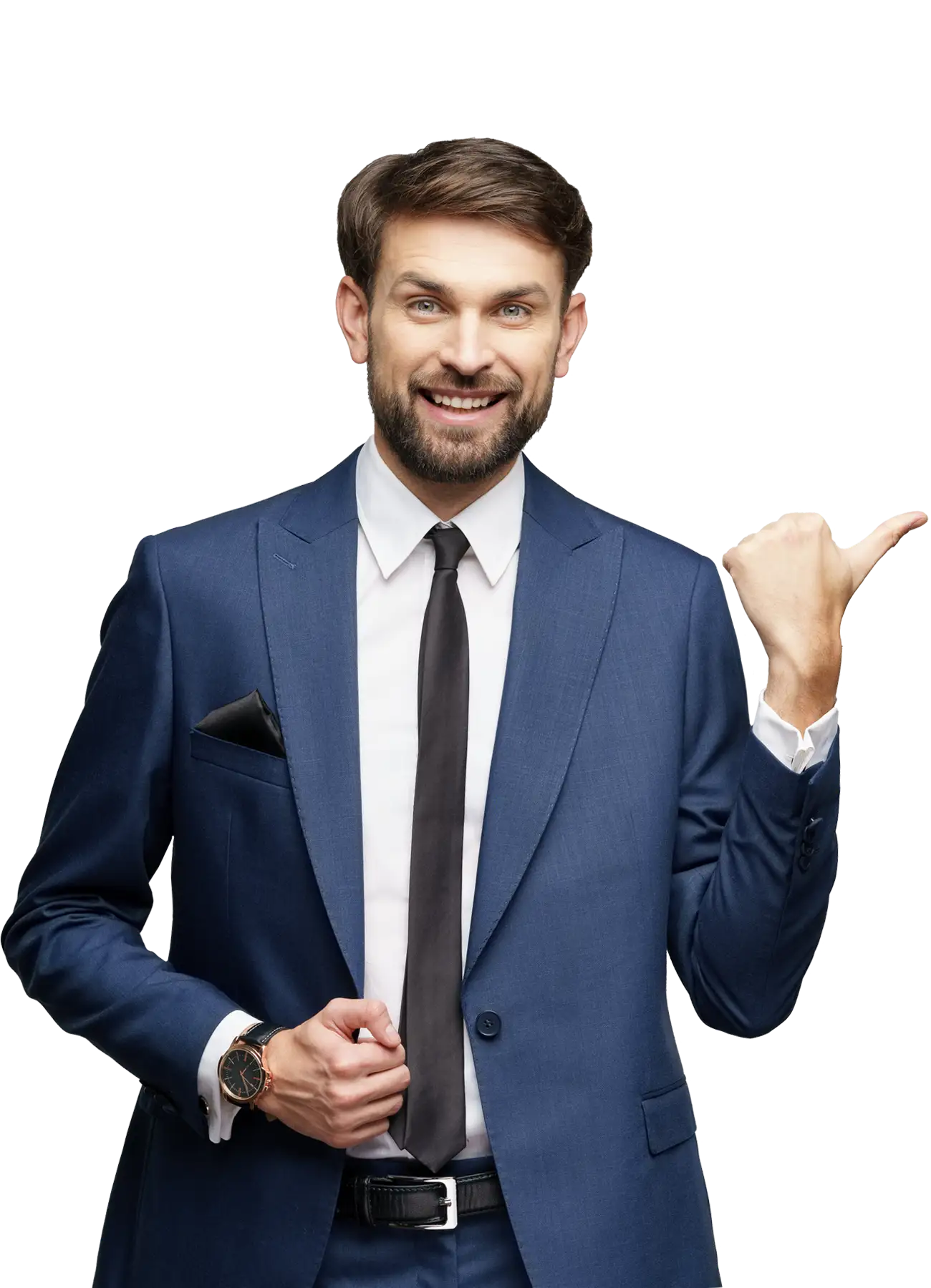 Business professional in a blue suit, white shirt, and black tie, confidently pointing upward, symbolizing business growth and success.