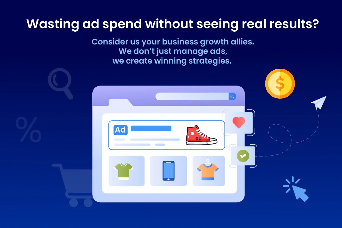 Illustration of an online ad dashboard with product icons, a dollar coin, and marketing symbols, representing ecommerce Google Ads management and strategy
