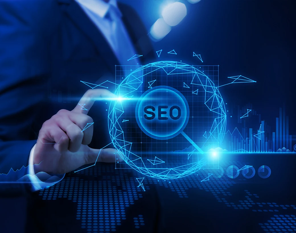 Business professional interacting with a digital SEO interface, symbolizing comprehensive marketing strategies and data-driven solutions.