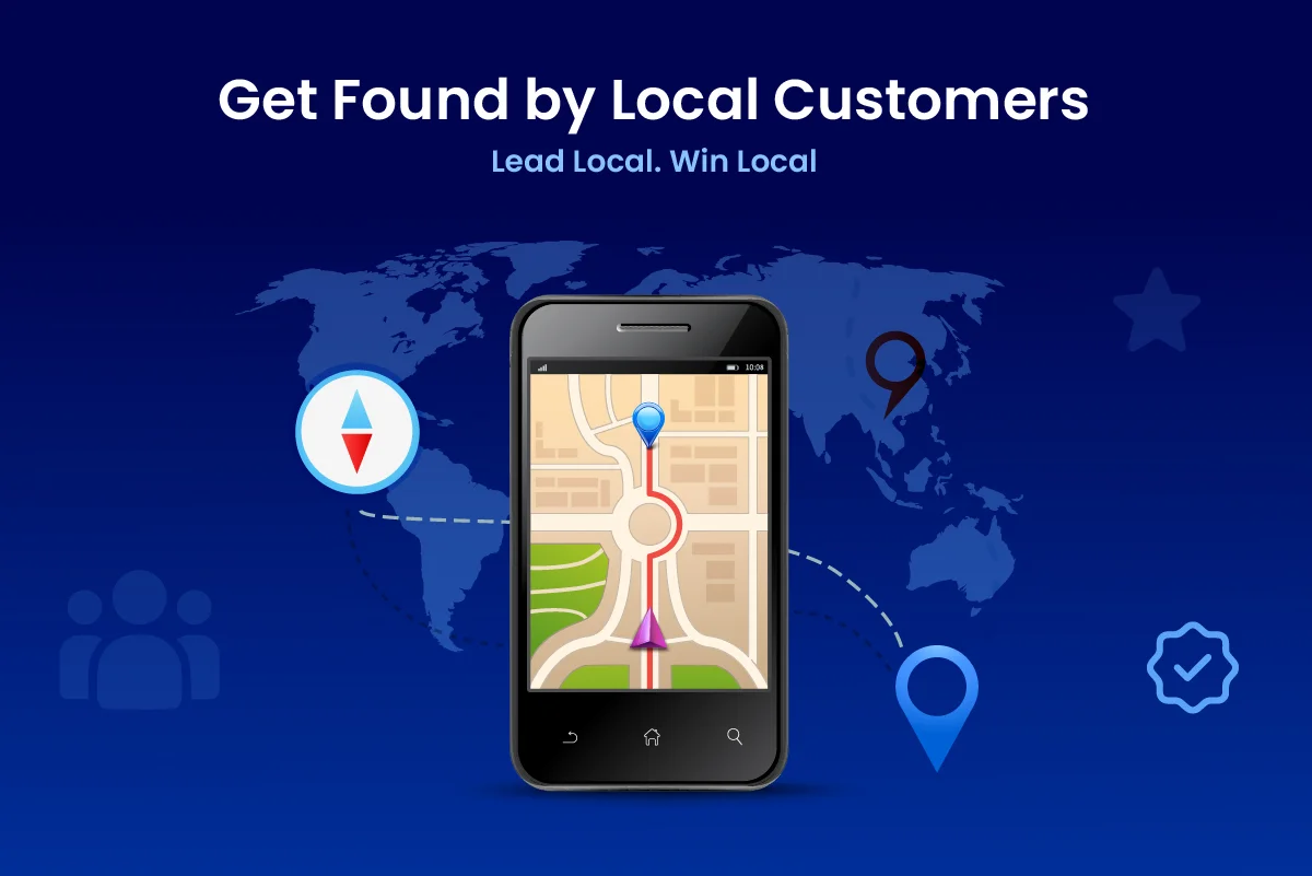 Illustration of a smartphone displaying a map with a location pin, set against a world map background, representing Google Local Service Ads helping businesses get found by nearby customers