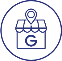 About Us 6 Icon of a storefront with a location pin and Google 'G', representing expert Google My Business setup and optimization for local visibility