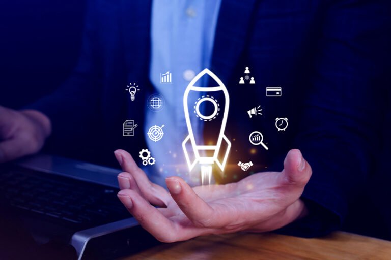 Business professional holding a glowing rocket icon with digital marketing and growth symbols, representing launch and optimization strategies
